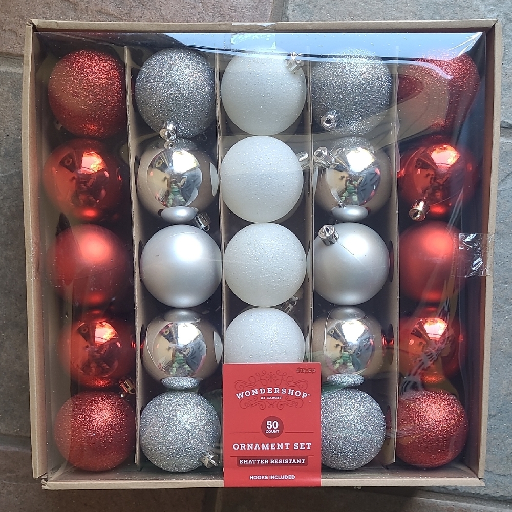 New Box Wondershop Festive Red Silver White 50 Ornament Collection Set